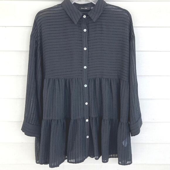 Anthropologie Doe & Rae NEW Black Button Up Baby Doll Sheer Striped Blouse S - Picture 1 of 7